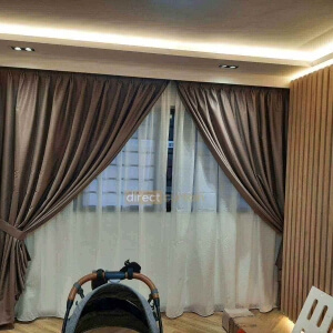 Dim-out Curtain – Stitch Cedar Brown layered with Yarn White Day Curtain in Woodlands Jumbo Flat Singapore-watermark