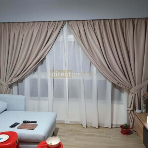 Dim-out Curtain – Stitch Tan Beige with Day Curtain – Art Off-white Beige in Buangkok Singapore