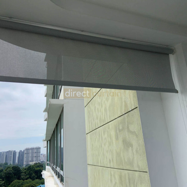Outdoor Roller Blind Singapore - White Grey Rolled up - side wind guard