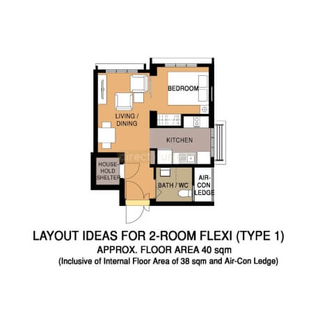 2 Room Flexi Type 1 HDB BTO Curtain Package Layout - Fernvale Dew