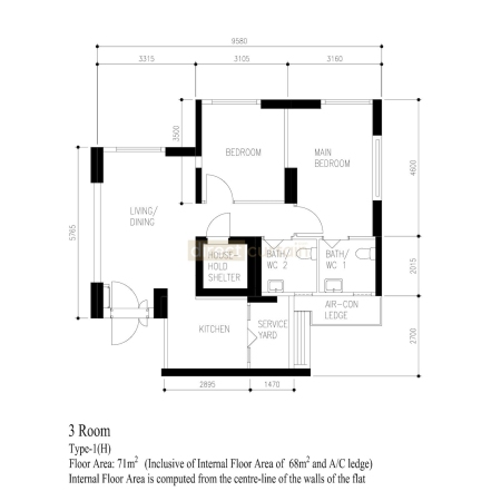 BTO Curtain Package - 3 Room Type 1H - Yishun Glen - Floorplan-watermark