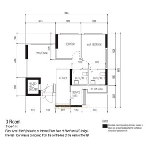 HDB BTO Curtain Package Floorplan - 3 Room Type 1H