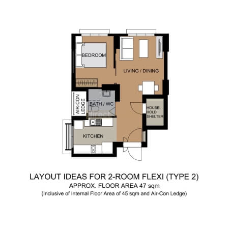 HDB BTO Curtain Package – 2 Room Type 2 [Tampines GreenCourt] Layout
