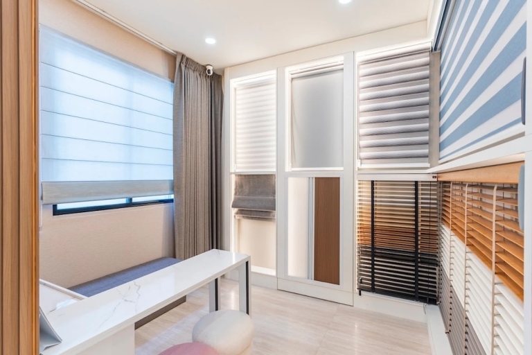 Showroom Appointment 7 HDB BTO Study room Mockup with various blinds and curtains in Singapore.