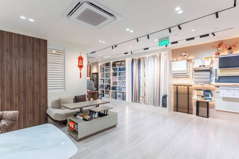 Showroom Appointment 5 Shutters, curtains and blinds display in Singapore showroom.
