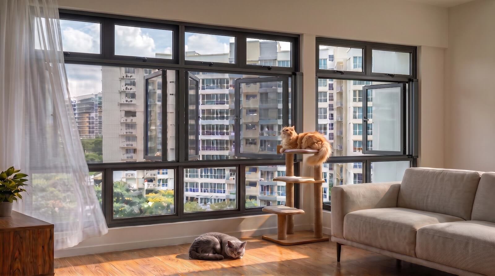Two cats enjoying breezy open-air living with Cat mesh in Singapore HDB 5-room living room