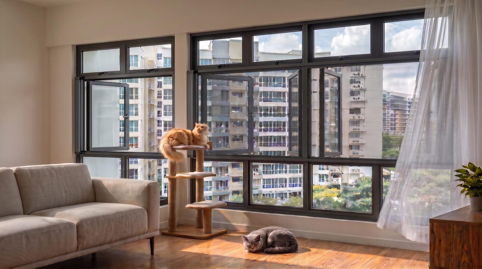 Two cats enjoying breezy open-air living at the cat-mesh window in an HDB living room