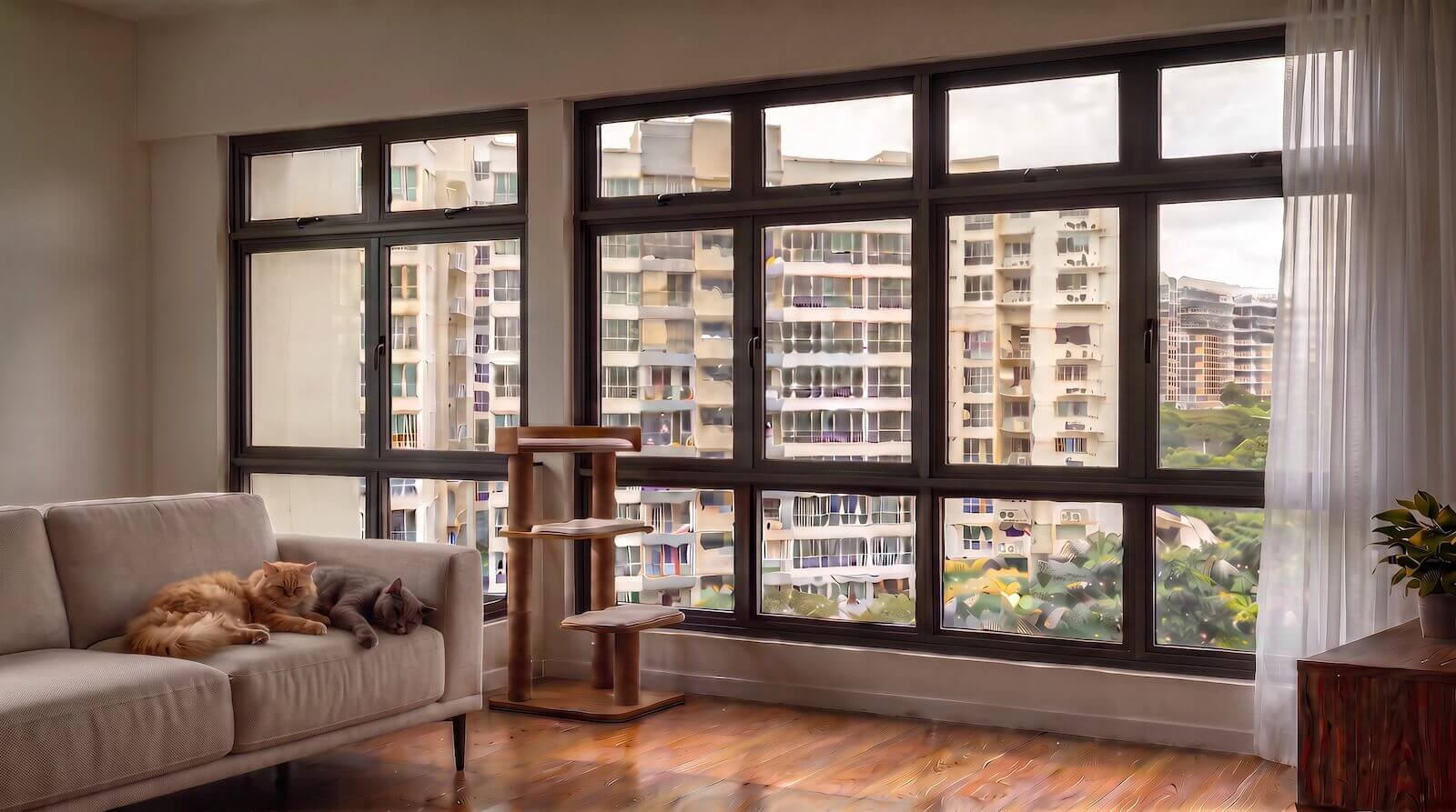 Two cats sprawled by tightly closed windows in a stuffy HDB living room