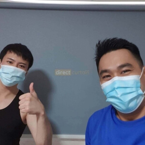 Indoor Black-out Roller Blind Slate Blue with happy customer