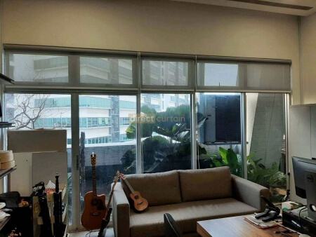 Sunscreen Roller Blind Grey White in Office at Burn Road