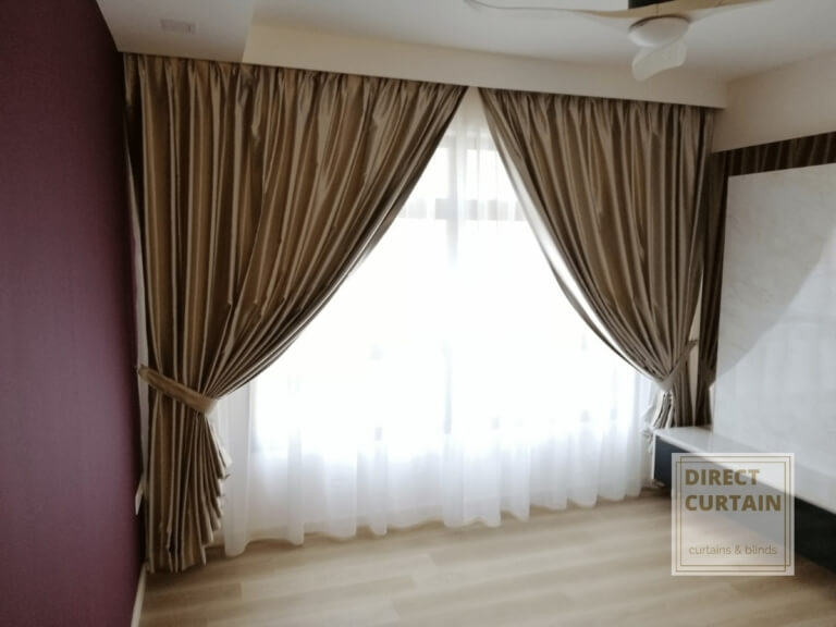 Gold dim-out night curtains and white day curtains