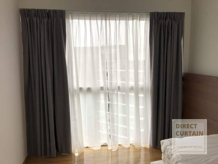 Dark Grey Night Curtans and White Day Curtains in bedroom