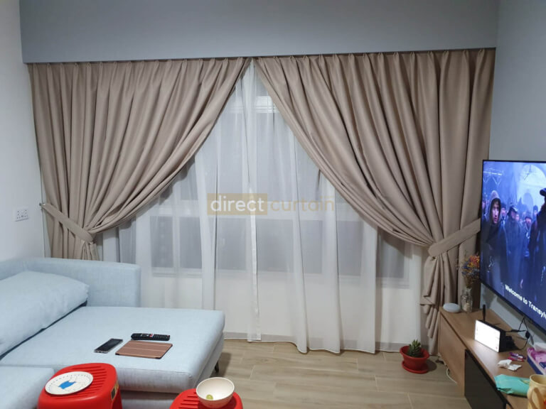 Dim-out Curtain – Stitch Tan Beige with Day Curtain – Art Off-white Beige in Buangkok Singapore