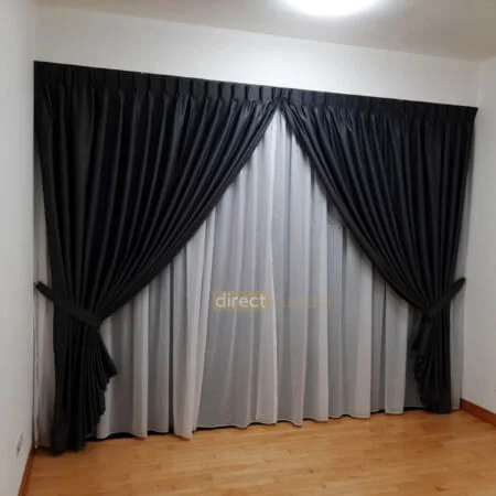 Dim-out Night Curtain – Stitch Pebble Grey layered with Day Sable white Curtain