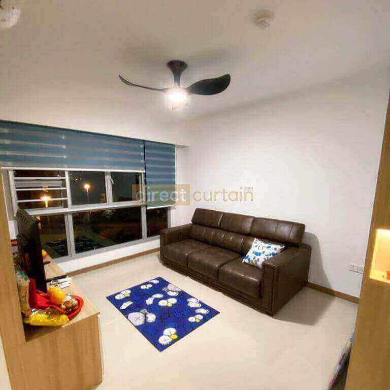 Korean Combi Blind – Blackout Blue Grey half rolled-up