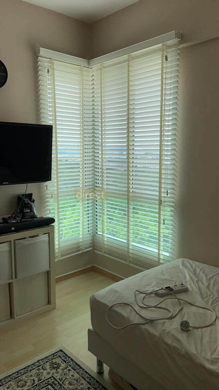 Venetian Blinds - Bright White with Cream Tape - L Shaped Window