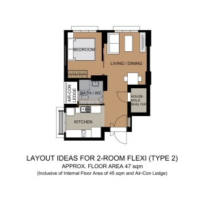 HDB BTO Curtain Package – 2 Room Type 2 [Tampines GreenCourt] Layout